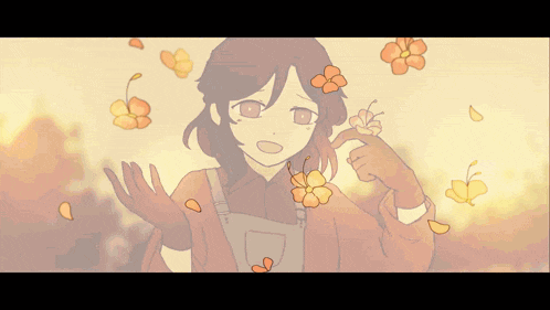 a drawing of a girl holding a flower with flowers falling around her