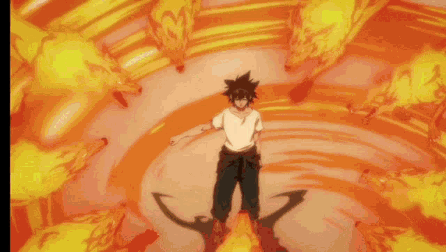 a man in a white shirt is surrounded by a bunch of fire animals .