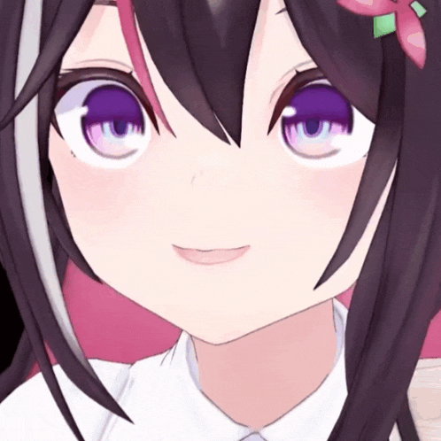 a close up of a anime girl 's face with purple eyes