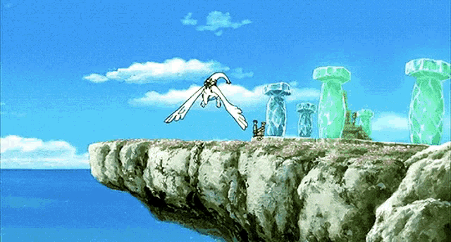 a drawing of a bird flying over a rocky cliff