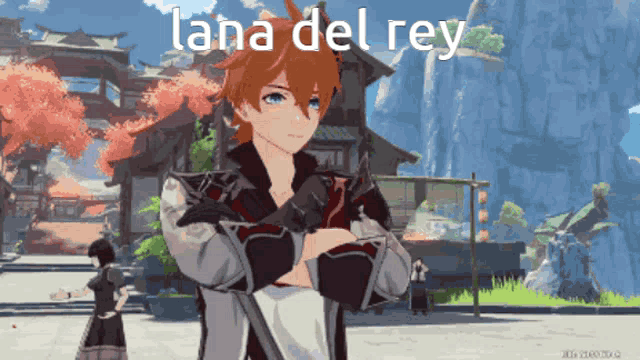 lana del rey is written on a picture of a man with his arms crossed