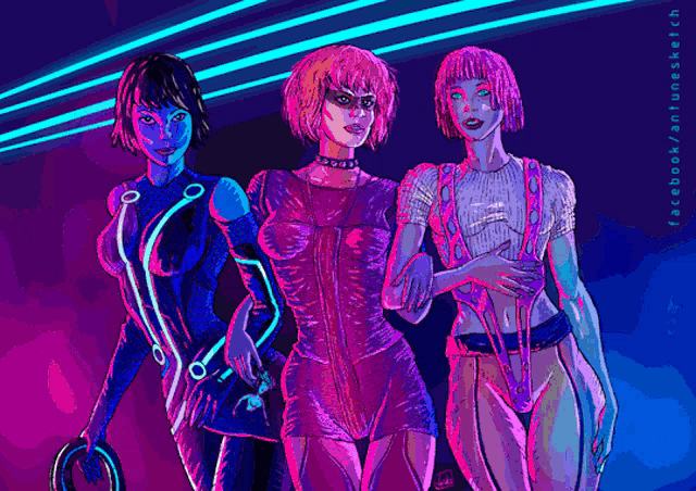 a drawing of three women standing next to each other with facebook written on the bottom left