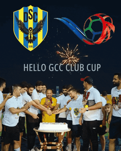 a group of soccer players are gathered around a cake with the words hello gcc club cup written below them