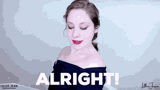 a woman in a black off the shoulder dress is smiling and says alright !