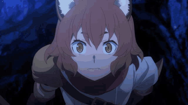 a girl with a cat ear is looking up at something