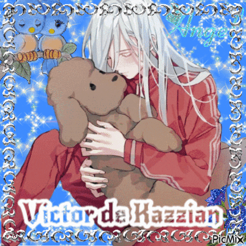 a man with long white hair is holding a stuffed animal with the name victor da razzia on it