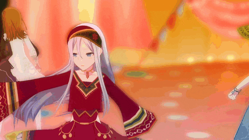 a girl with long white hair and a red dress is dancing in a video game .