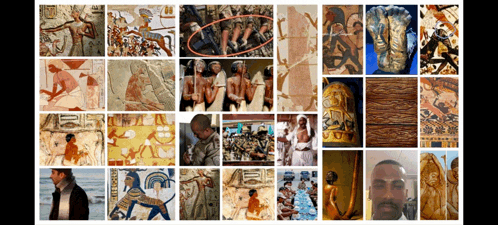 a collage of ancient egyptian images with a red circle around a group of people