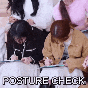 a group of women are sitting in a classroom with the words posture check written above them