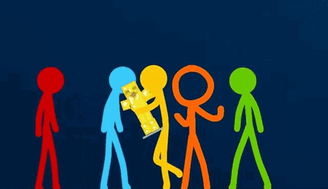 a group of stick figures of different colors are standing next to each other .