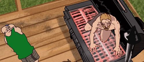 a cartoon of a man laying on a grill with a beard