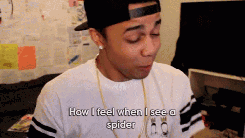 a young man wearing a hat and a white shirt says " how i feel when i see a spider "