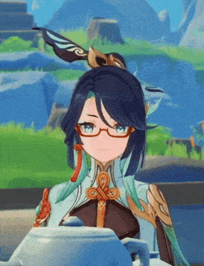 a cartoon girl with glasses is sitting in front of a teapot .