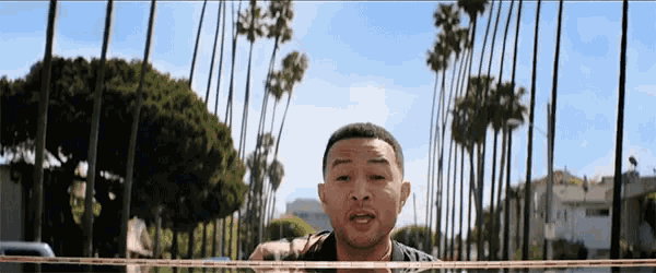 a man stands in front of a row of palm trees with a tape that says police on it