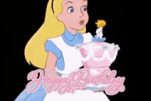 a cartoon of alice from alice in wonderland blowing out a candle on a birthday cake