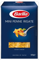 a blue box of barilla mini penne rigate