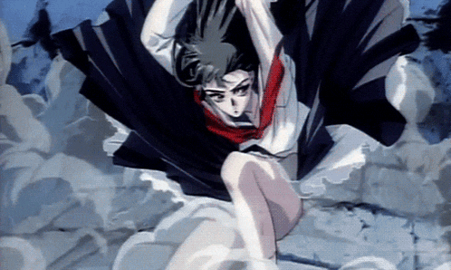 a girl with a red scarf around her neck is falling from a cliff