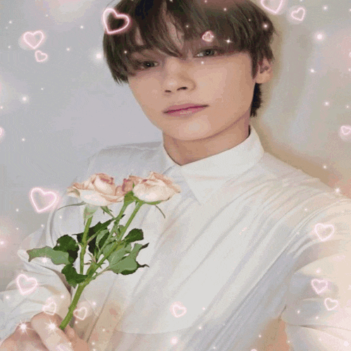a dog is holding a bouquet of flowers with hearts around it
