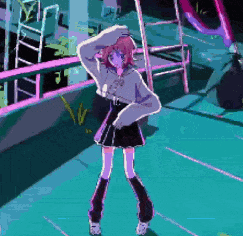 a cartoon girl with pink hair is standing on a green floor