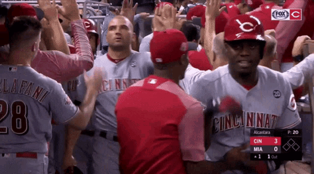 a group of cincinnati baseball players are celebrating