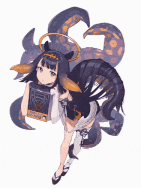 a drawing of a girl holding a book that says ' ao no exorcist ' on the cover