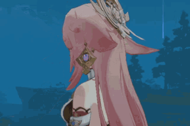 a girl with pink hair and purple eyes is wearing a white top