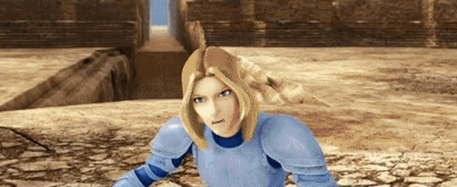 a video game character with blonde hair and blue armor is looking at the camera
