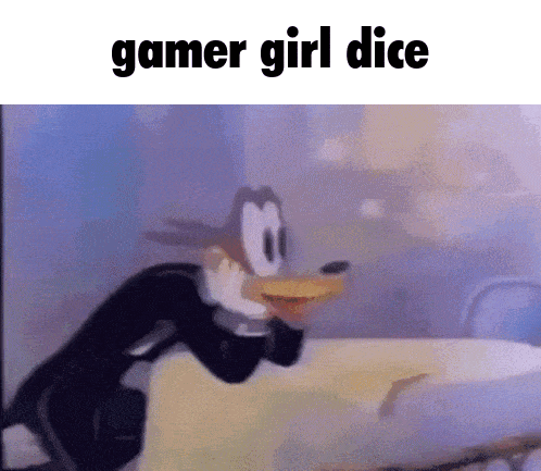 a cartoon of goofy standing next to a table with the words gamer girl dice below him .