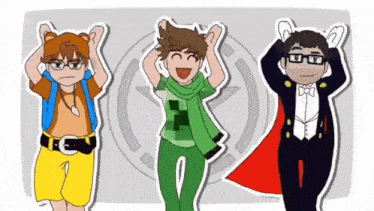 three cartoon characters are standing next to each other with their hands on their head .