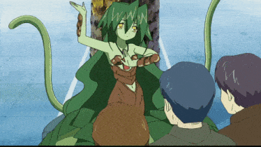 a cartoon drawing of a girl with green hair and a tail