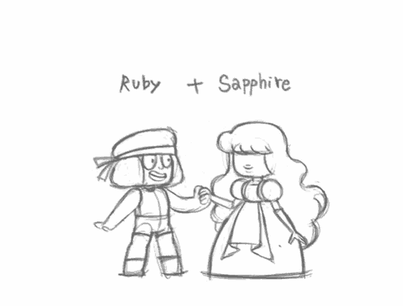 a drawing of ruby and sapphire holding hands