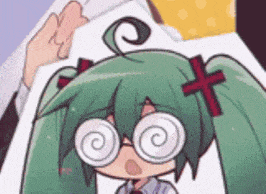 a cartoon girl with glasses and a cross on her hair