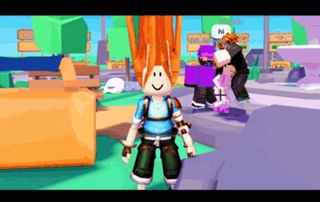 a girl with red hair is standing in a video game and says hi