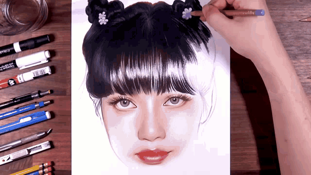 a person is drawing a woman 's face with a pencil that says crayola