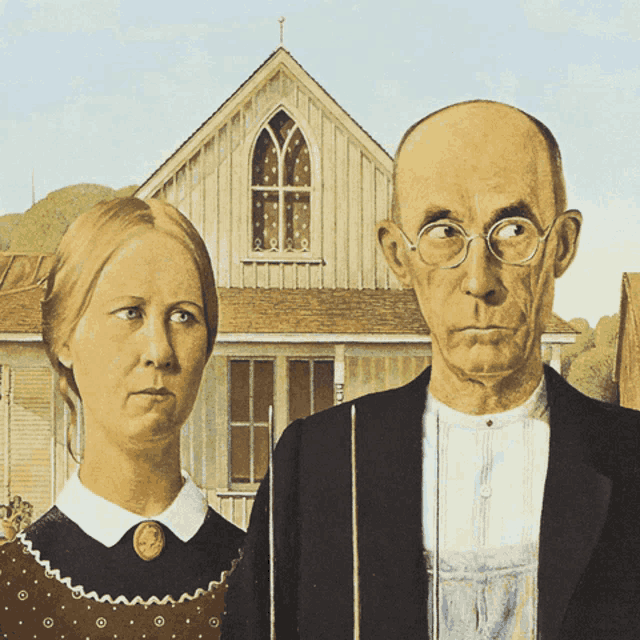 a painting of a man and woman standing in front of a church