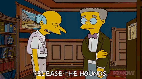 two cartoon characters are standing next to each other and one of them says release the hounds