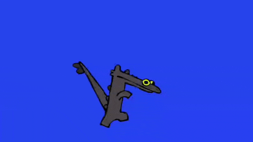 a cartoon of a dinosaur with a yellow eye is flying in the air .