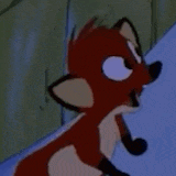 a close up of a cartoon fox standing next to a blue wall .