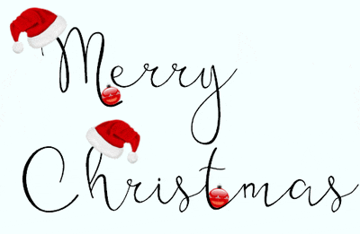 a merry christmas sign with two santa hats and a red ball