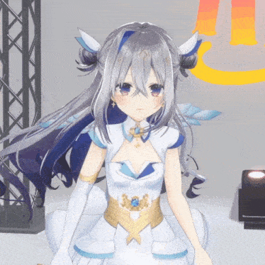 a girl with gray hair and blue eyes is wearing a white outfit