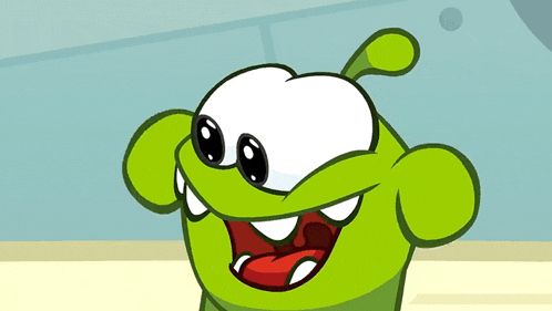 a green cartoon character with big eyes and a red tongue