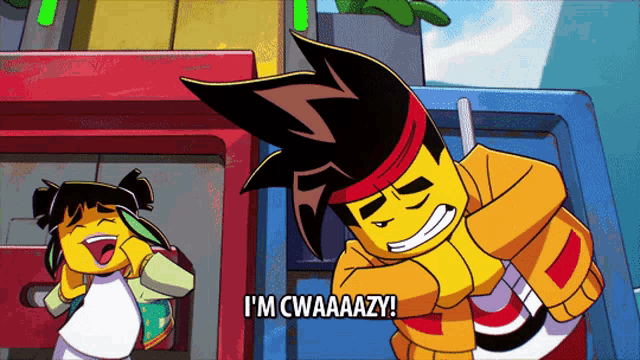 a cartoon character says " i 'm cwaaazy " in front of another character