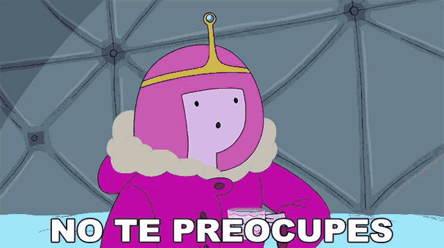 princess bubblegum from adventure time is holding a piece of cake and says " no te preocupas "
