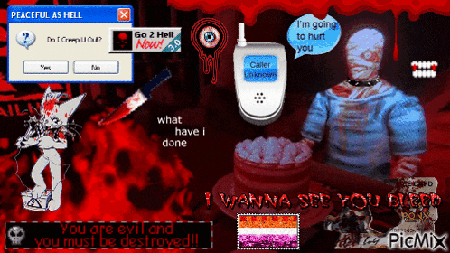 a computer screen that says peaceful as hell and a phone that says i 'm going to hurt you