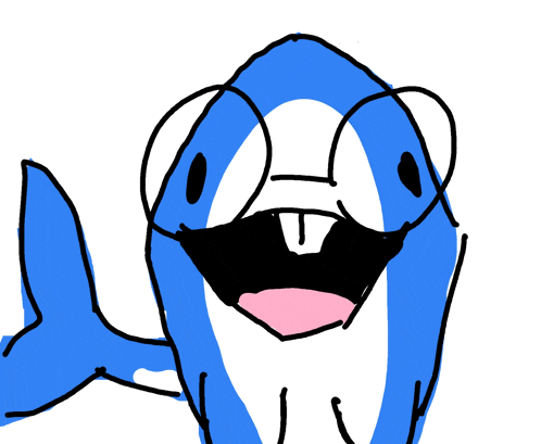 a drawing of a blue and white dolphin with glasses on