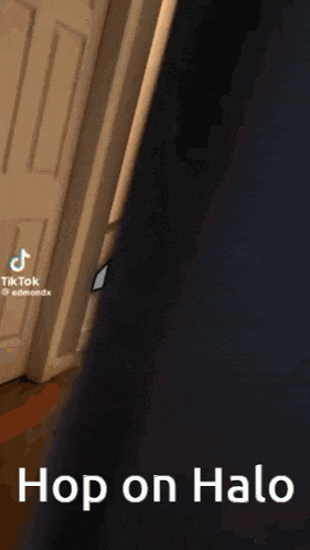 a cartoon of a man standing in a doorway with the words hop on halo on the bottom