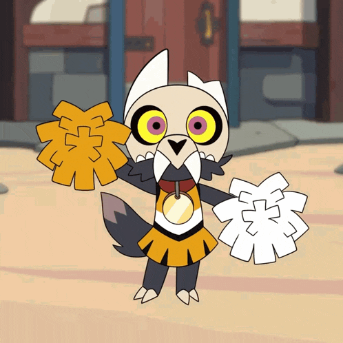 a cartoon cheerleader is wearing a yellow and white outfit and holding two pom poms