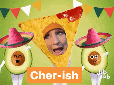 a picture of a woman dressed as a tortilla chip with the word cher-ish on the bottom