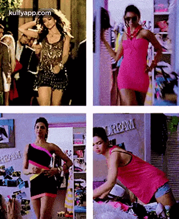 a collage of four pictures of a woman wearing a pink dress .