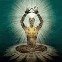 a man is sitting in a lotus position with his hands up and a light coming out of his chest .